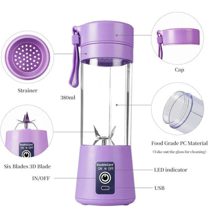 Portable USB Electric Juicer Blender – 6 Stainless Steel Blades | Rechargeable Protein Shaker & Smoothie Maker (380ml)