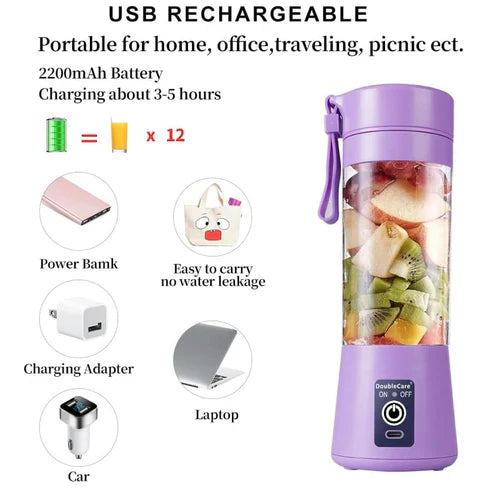 Portable USB Electric Juicer Blender – 6 Stainless Steel Blades | Rechargeable Protein Shaker & Smoothie Maker (380ml)